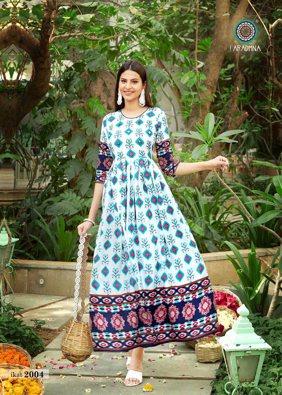 Aradhna Ikat 2 Heavy Rayon Designer Printed  Anarkali Long Kurti Collection